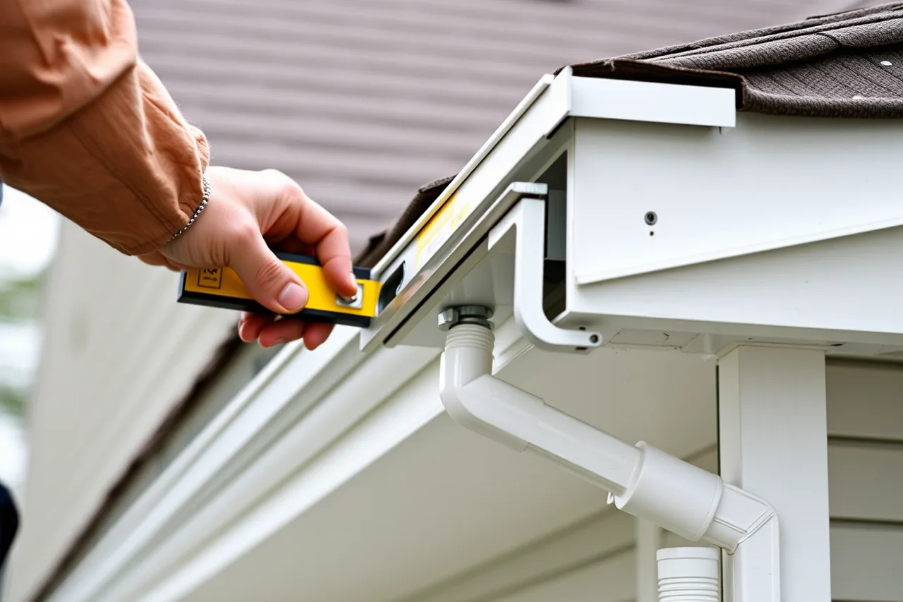 Installer checking eavestrough slope with a level against the fascia (How Canadian gutter installers size eavestroughs under the National Building Code)