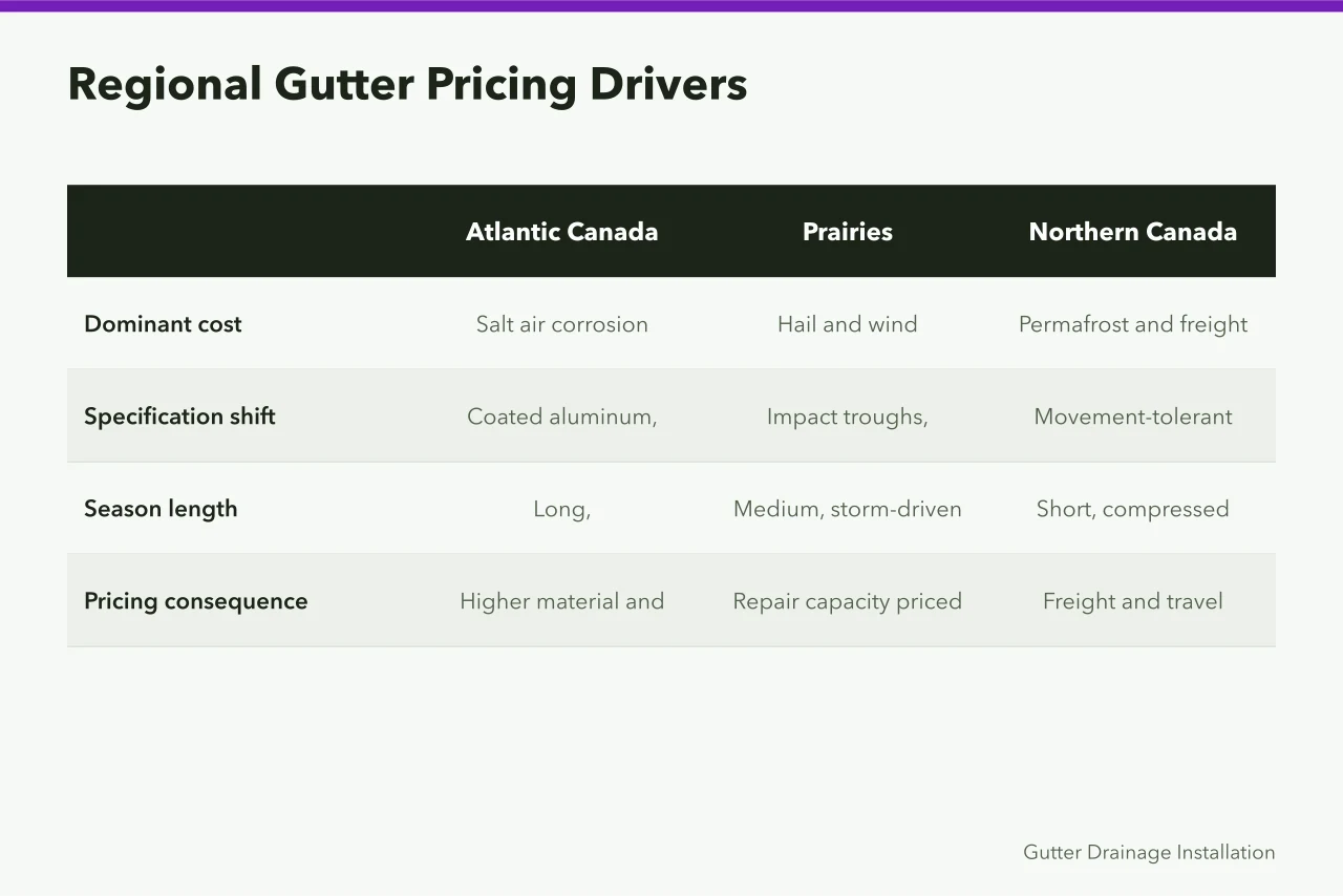Table comparing gutter pricing drivers across Atlantic, Prairie and Northern Canada (Why coastal, prairie and northern Canada price gutter work differently)