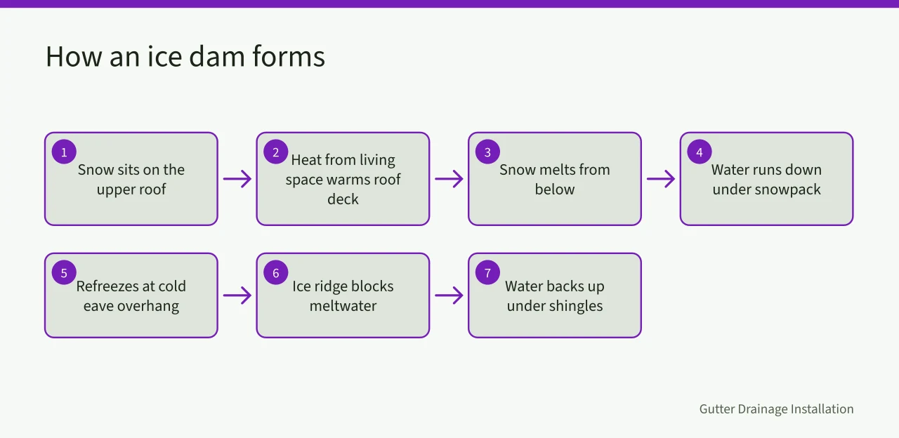 Diagram showing snow melting from attic heat and refreezing at the eave (Ice damming on Edmonton and Winnipeg roofs, a winter guide for gutter work)