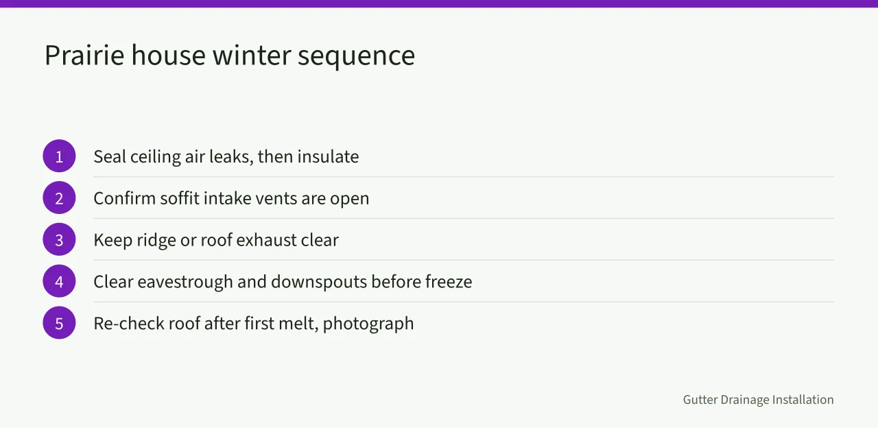 Checklist of five steps for sealing, ventilating and clearing a Prairie roof (Ice damming on Edmonton and Winnipeg roofs, a winter guide for gutter work)
