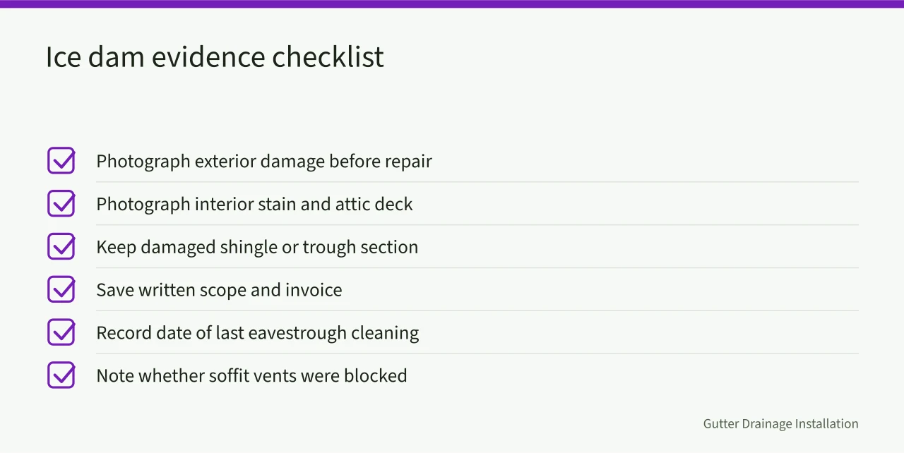 Checklist of photos and records to collect for an ice dam claim (Ice damming on Edmonton and Winnipeg roofs, a winter guide for gutter work)