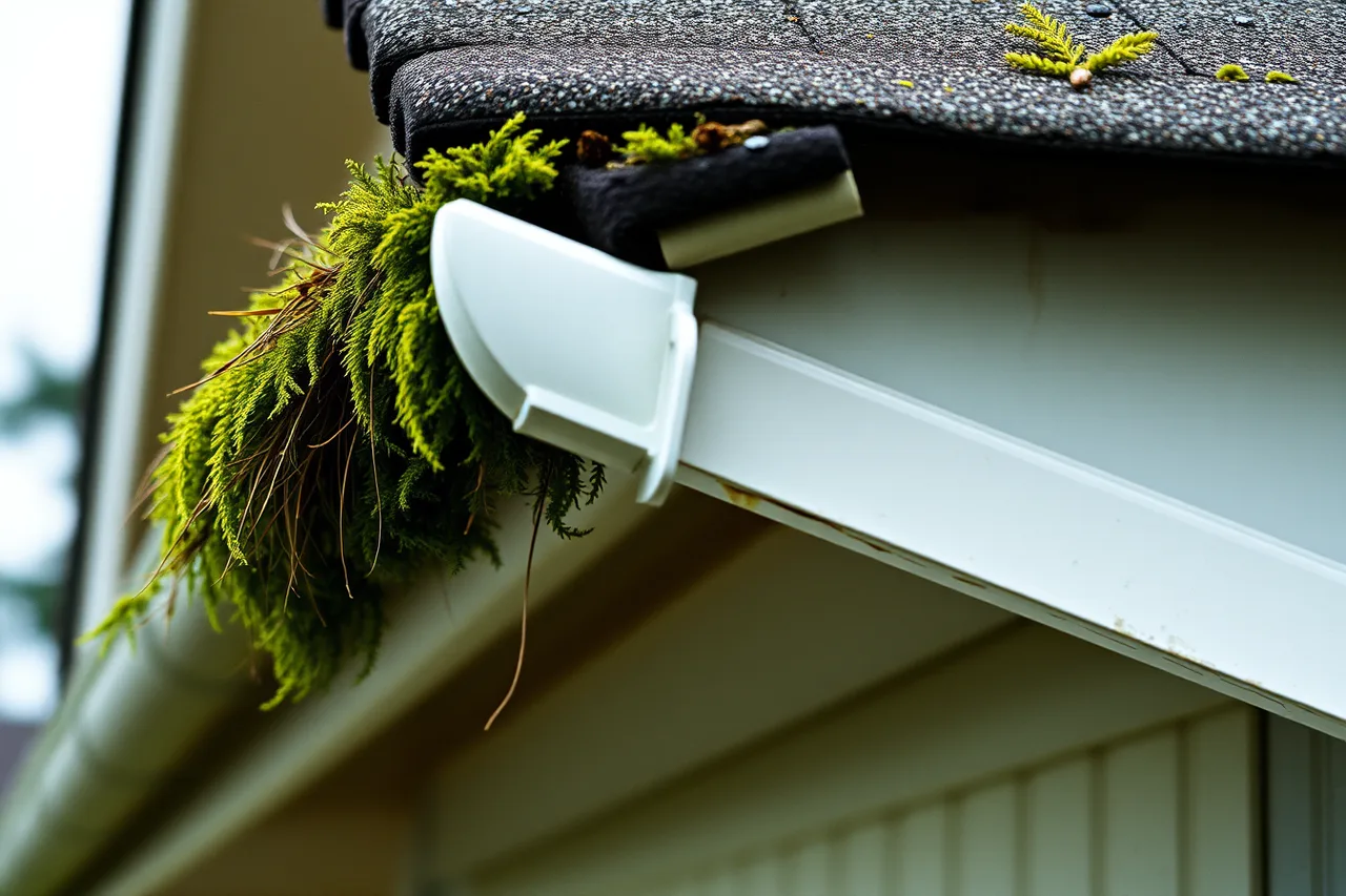 Moss and needles filling a gutter and lifting the shingle edge (3 stormwater fees Canadian cities charge and how they affect gutters)
