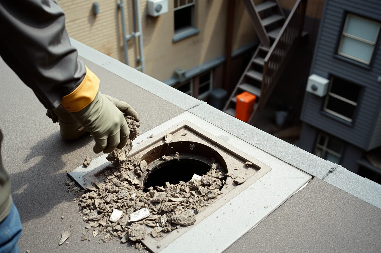 Worker clearing a flat roof drain and scupper in Montreal (3 stormwater fees Canadian cities charge and how they affect gutters)