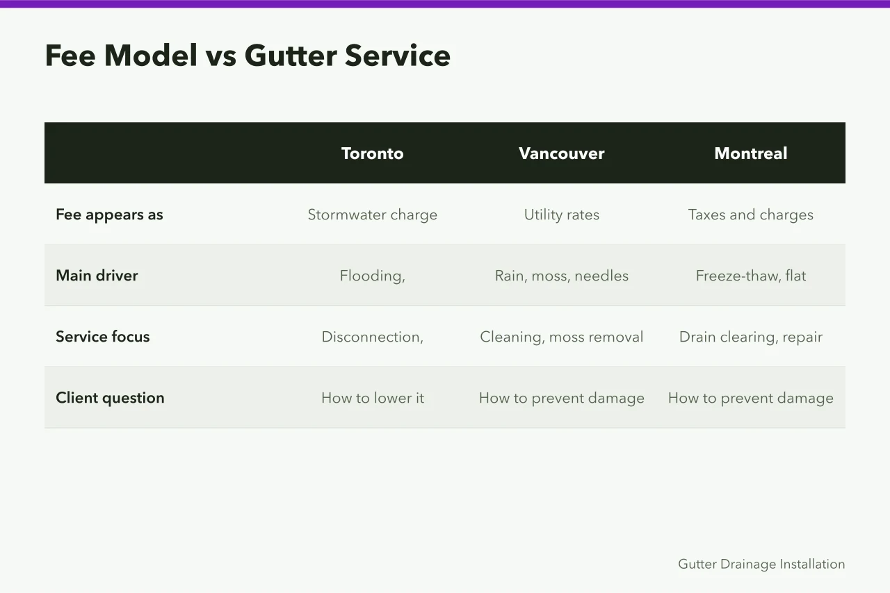 Comparison table of stormwater fee models and gutter service focus in three cities (3 stormwater fees Canadian cities charge and how they affect gutters)