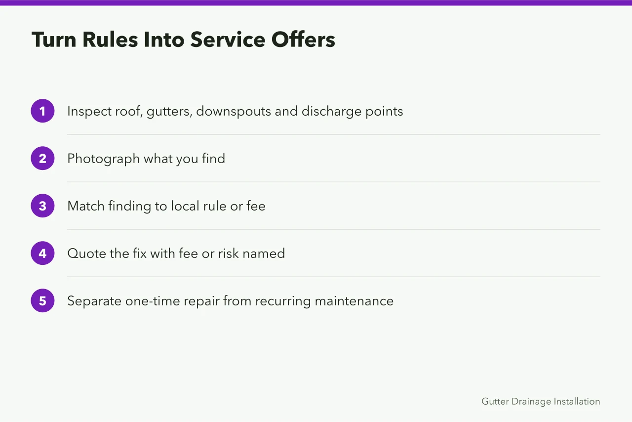 Five-step checklist for building gutter service offers from stormwater rules (3 stormwater fees Canadian cities charge and how they affect gutters)