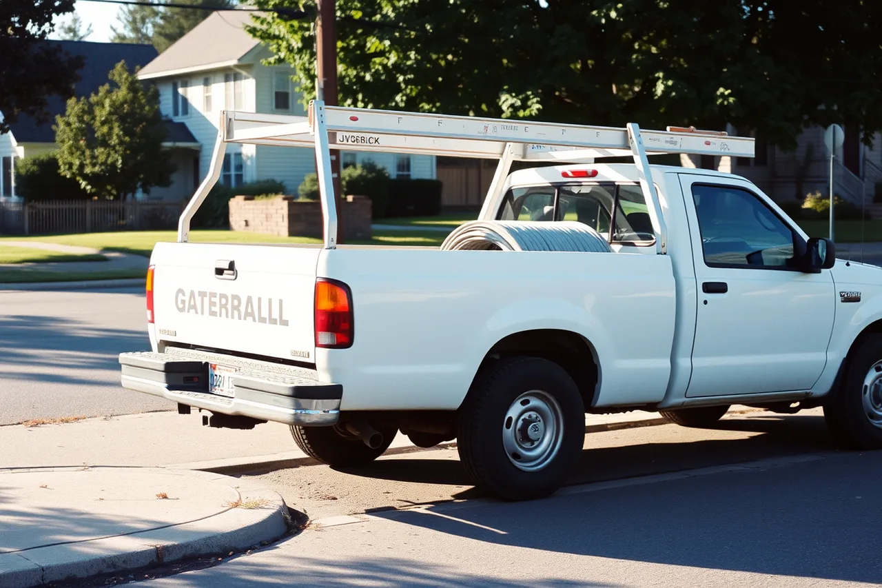 Gutter contractor truck with French-dominant lettering parked at a home (Working in Quebec as a gutter contractor under Bill 101 and CNESST)