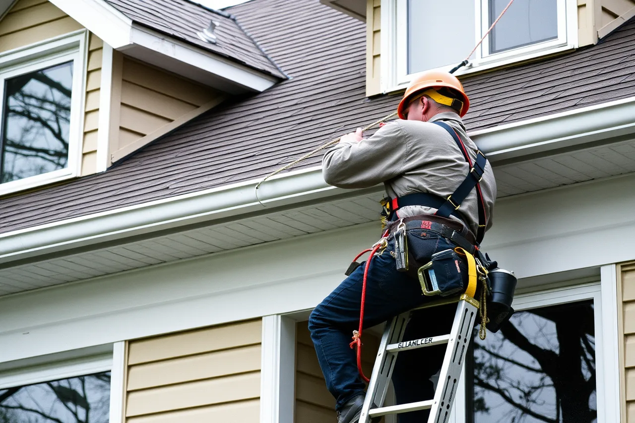 Gutter worker in fall-arrest harness anchored on a steep roof (Working in Quebec as a gutter contractor under Bill 101 and CNESST)
