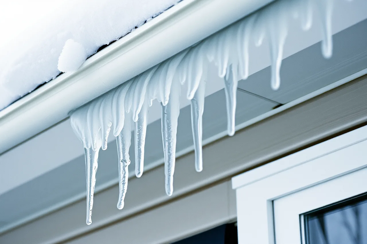 Ice dam and icicles along a house eave and eavestrough (Working in Quebec as a gutter contractor under Bill 101 and CNESST)