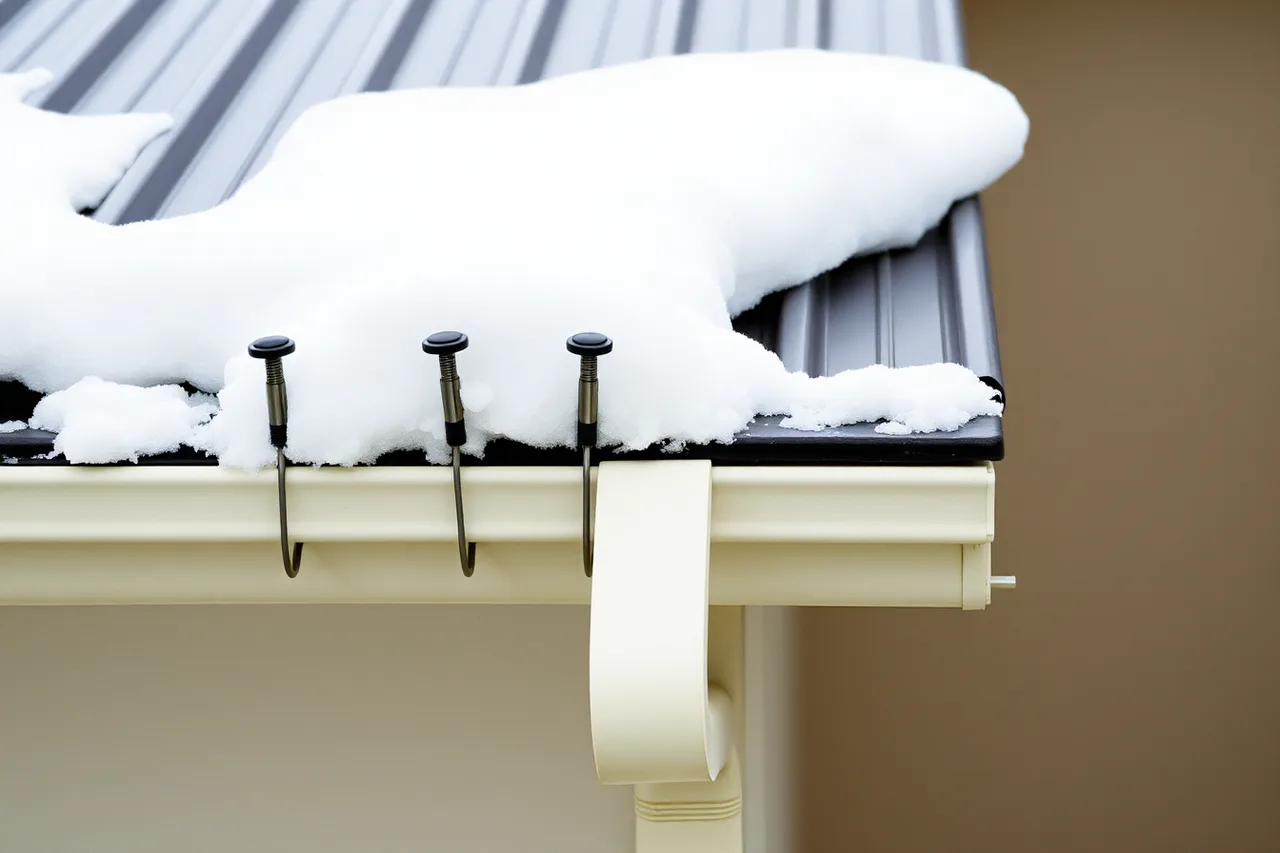 Snow guards on a metal roof above a gutter and downspout (Working in Quebec as a gutter contractor under Bill 101 and CNESST)