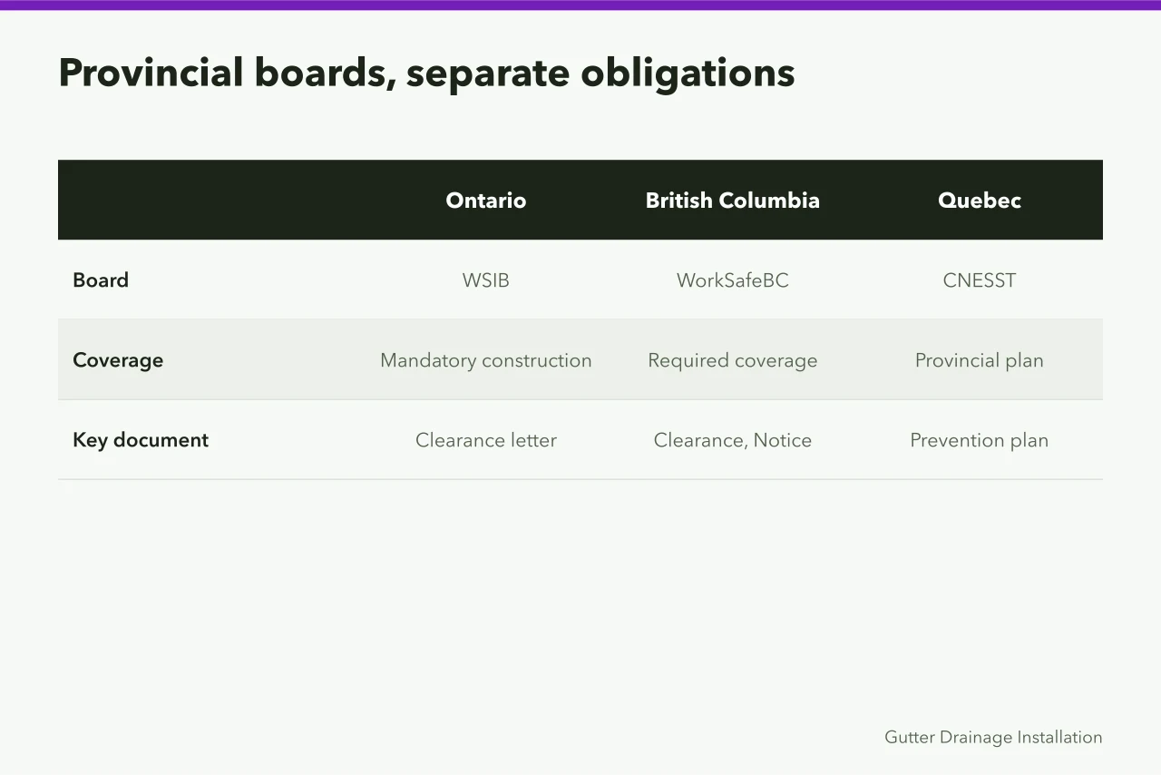 Comparison of WSIB, WorkSafeBC and CNESST coverage and key documents (How WSIB, WorkSafeBC and CNESST cover Canadian gutter crews)