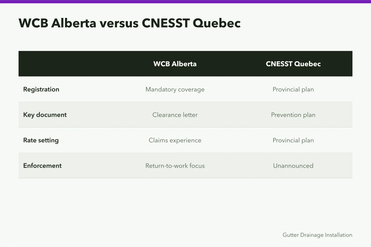 Comparison of WCB Alberta and CNESST Quebec registration and enforcement (How WSIB, WorkSafeBC and CNESST cover Canadian gutter crews)