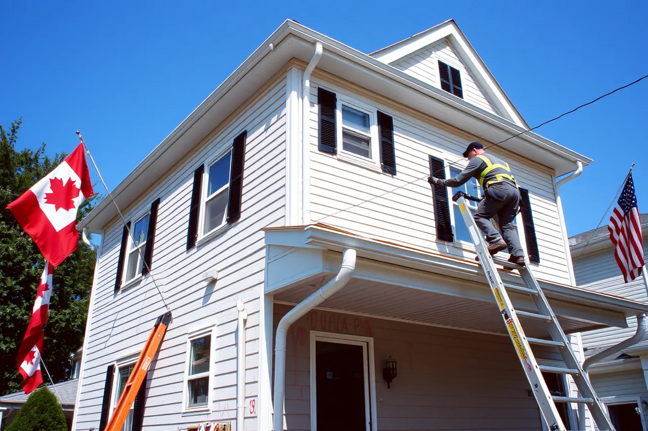Worker installing gutter on a house at the US-Canada border (Serving US and Canadian clients as a cross-border gutter business)