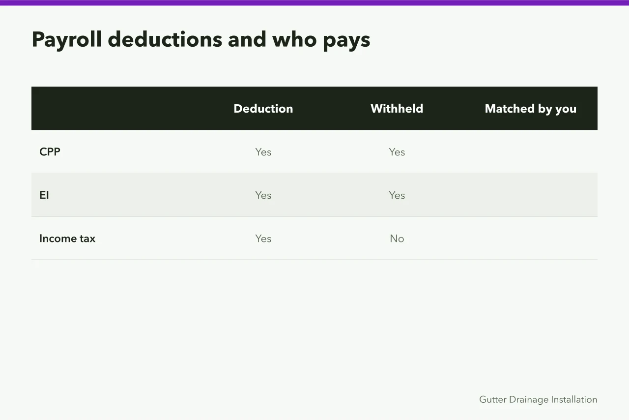 Comparison of CPP, EI and income tax withholding and matching (GST/HST and payroll for a Canadian gutter business, explained)
