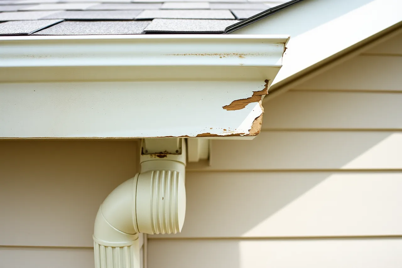 Hail-dented aluminium eavestrough with chipped paint on a house (Hail and wind damage claims for Alberta and Saskatchewan gutters)