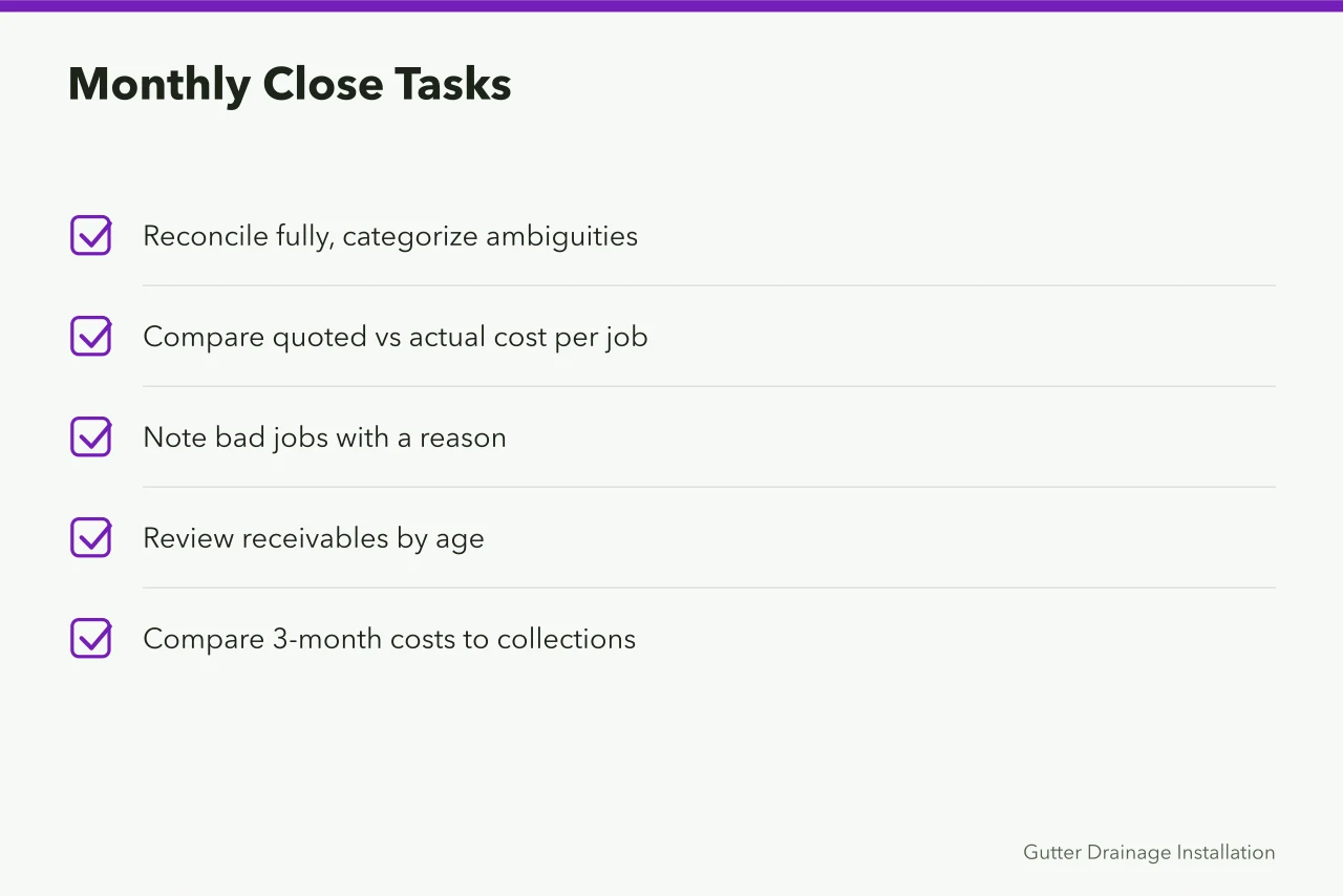 Checklist of five monthly close tasks for gutter businesses (Gutter service finances: bookkeeping habits and cash flow rules)