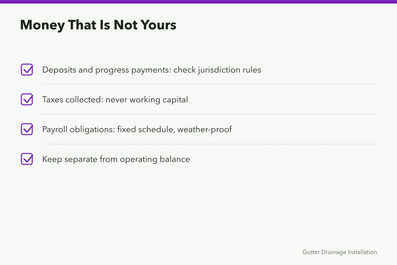 Checklist of three funds to keep separate from operating cash (Gutter service finances: bookkeeping habits and cash flow rules)