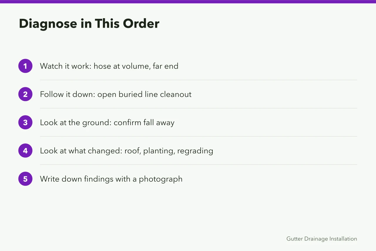 Five-step sequence for diagnosing a gutter complaint on site (The short version of gutter service complaint handling)