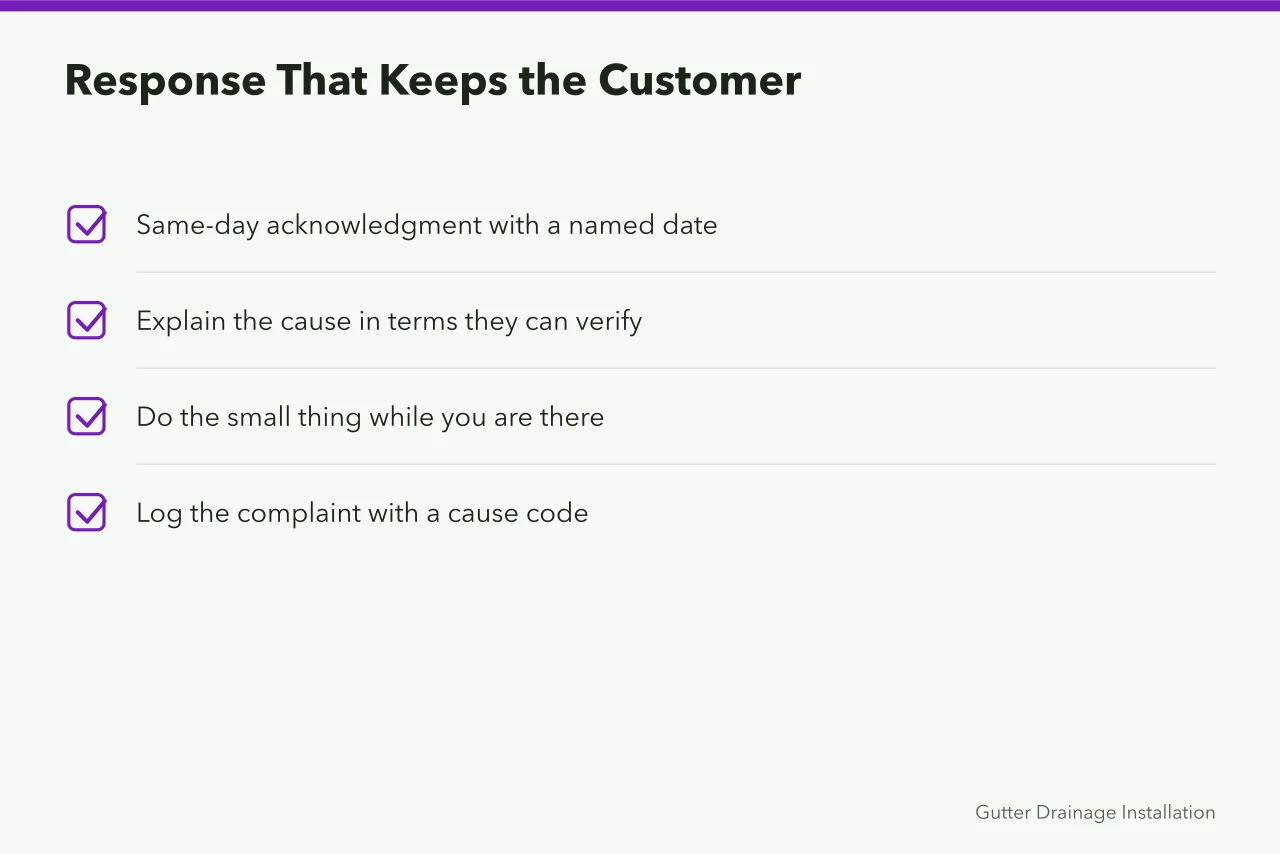 Checklist of four response habits that keep a complaining gutter customer (The short version of gutter service complaint handling)