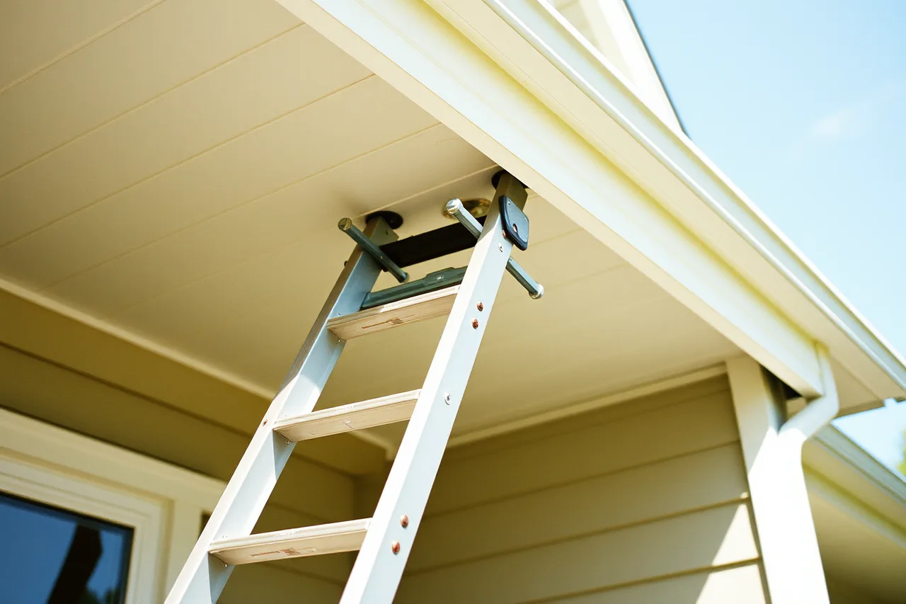 Ladder standoff holding ladder away from gutter on house (Gutter service equipment essentials for a new business)