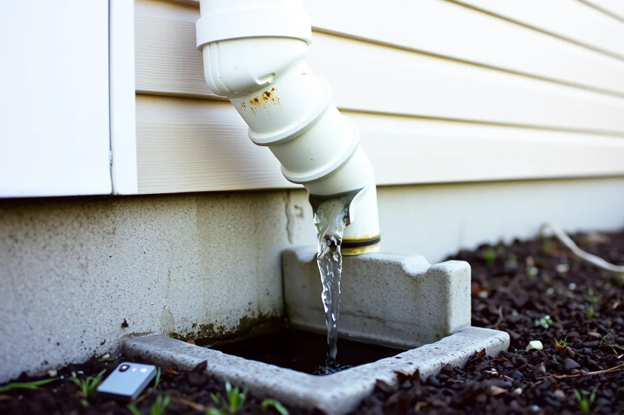 Downspout elbow and splash block moving water away from foundation (Gutter service equipment essentials for a new business)
