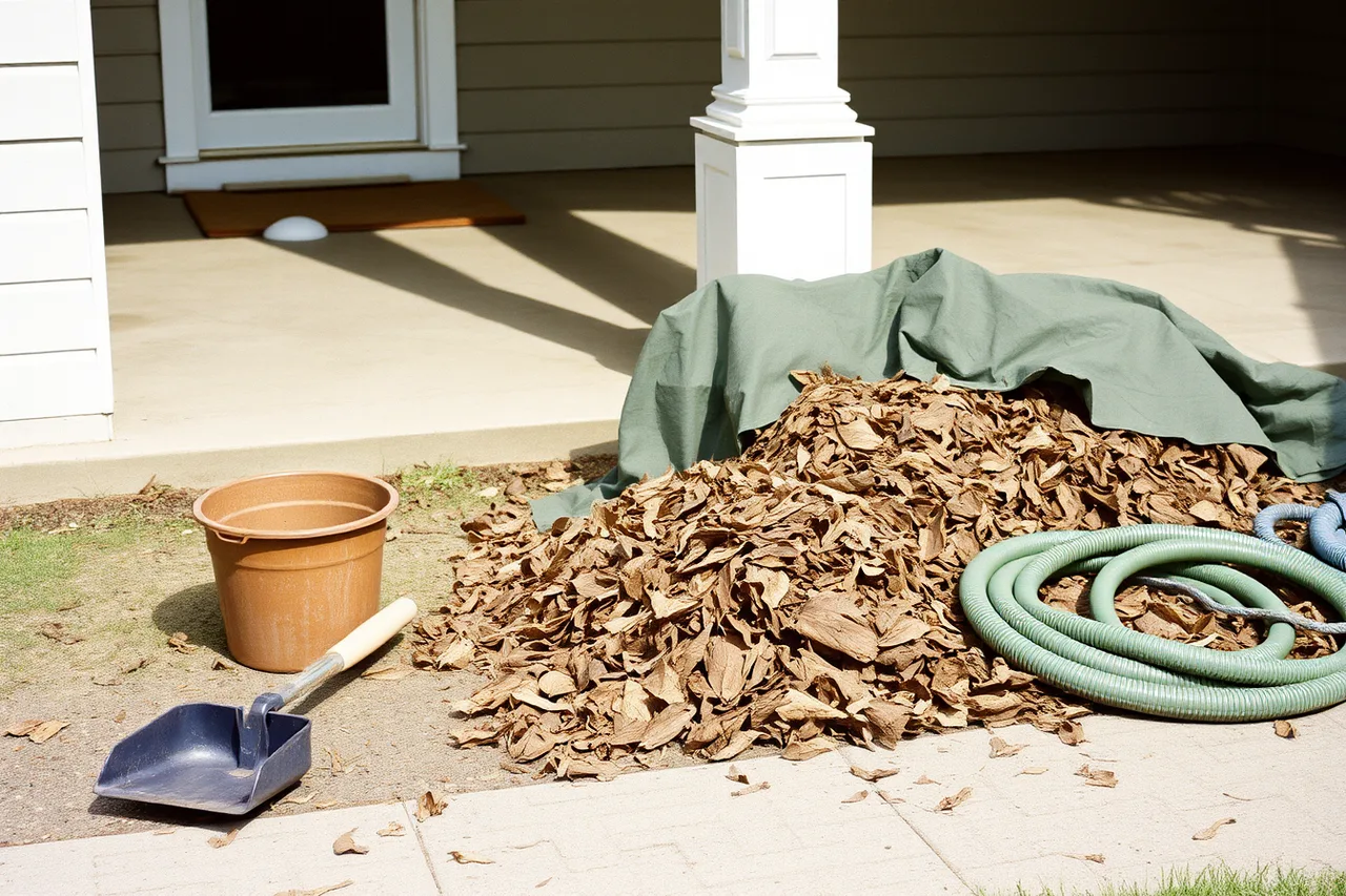Gutter cleaning tools and debris on ground near house (Gutter service equipment essentials for a new business)