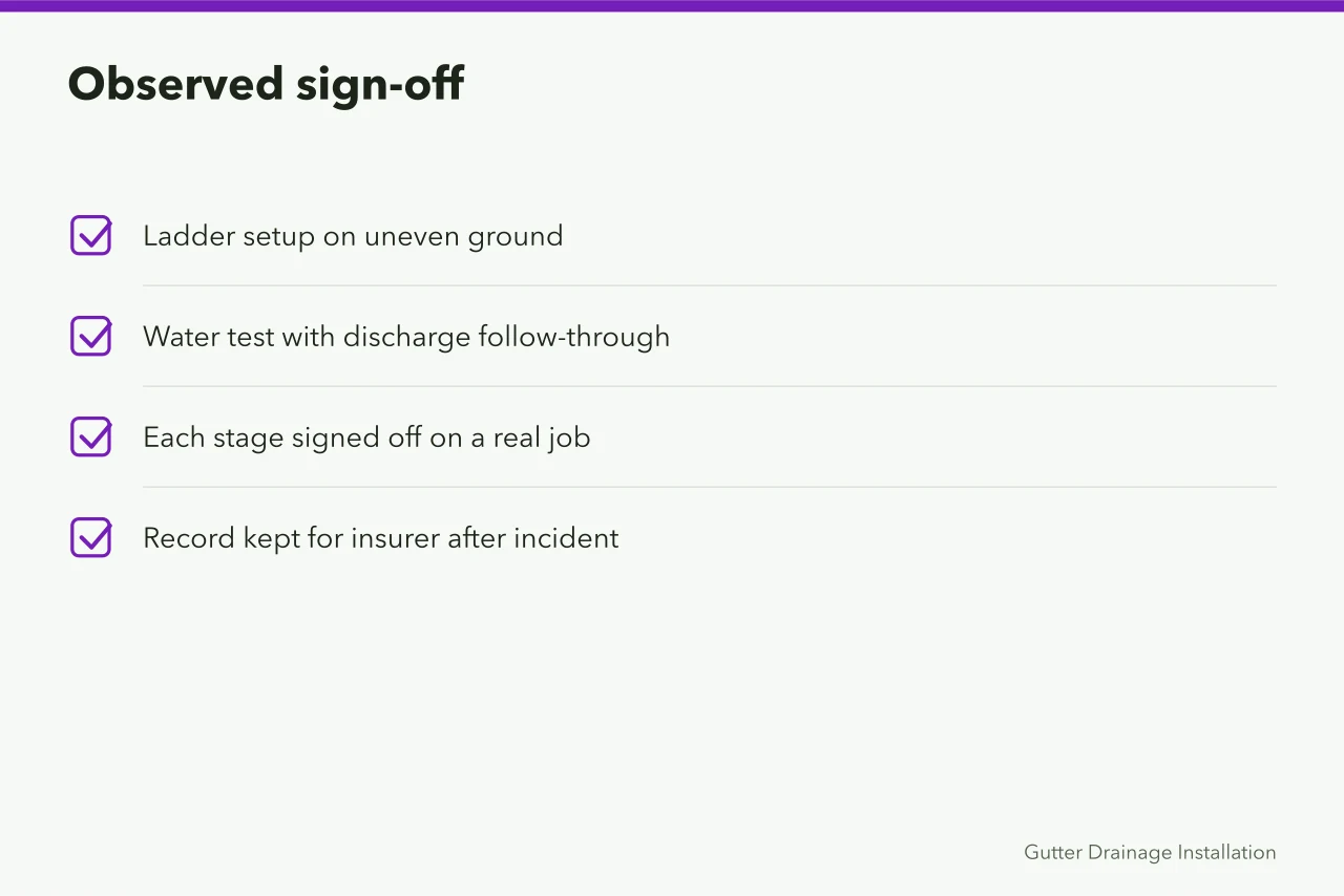 Checklist of observed sign-offs for ladder setup and water test (How a gutter service business hires and trains)