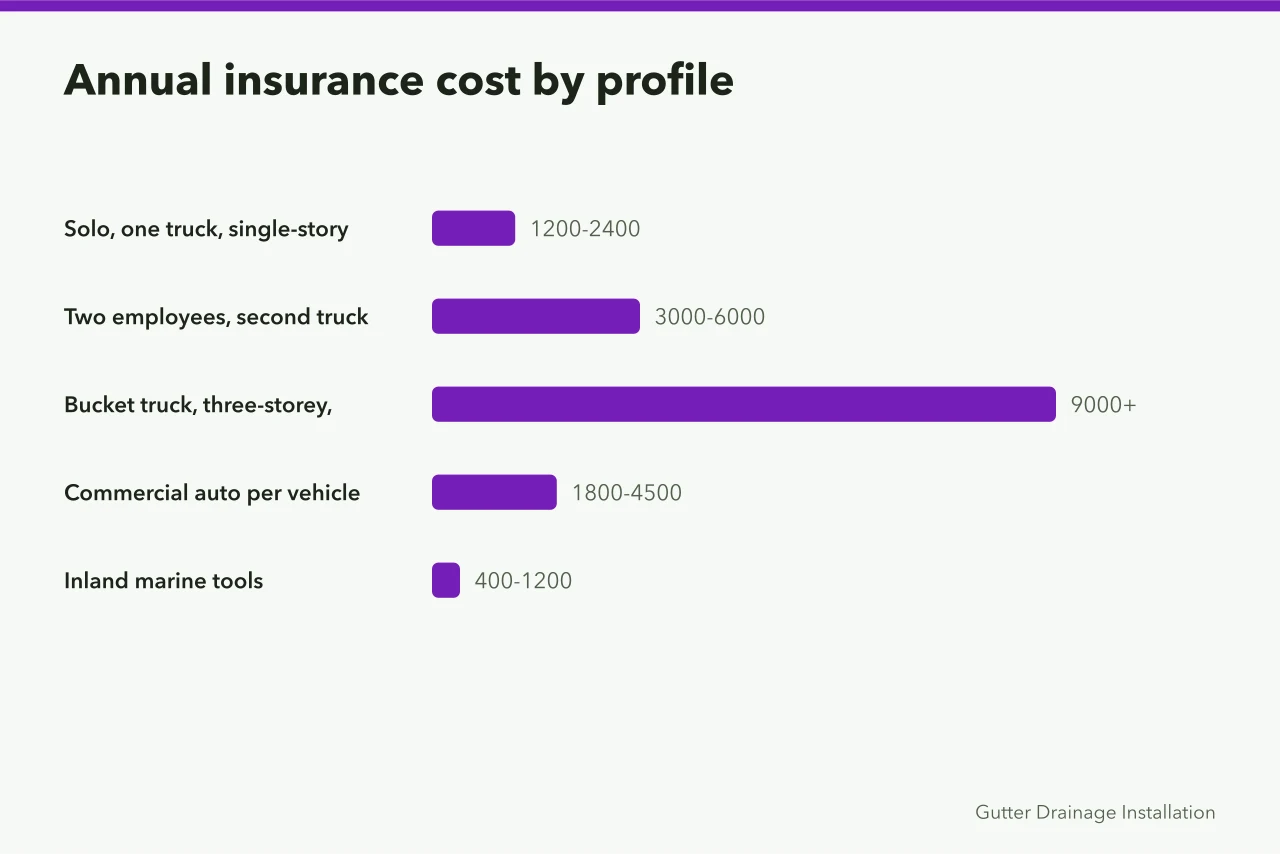 Bar chart of annual gutter insurance costs by business profile (What gutter service insurance costs, and what it covers)