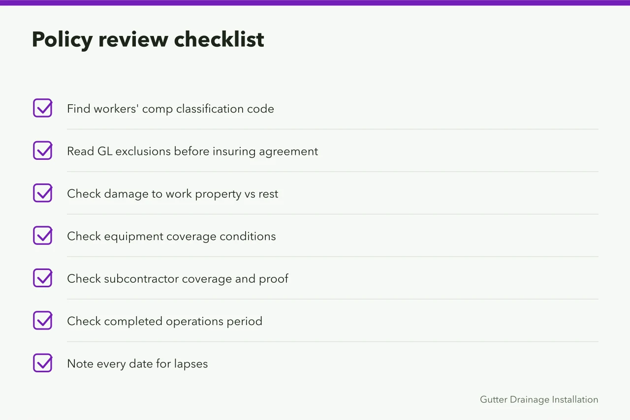 Checklist of seven steps for reviewing an existing gutter insurance policy (What gutter service insurance costs, and what it covers)