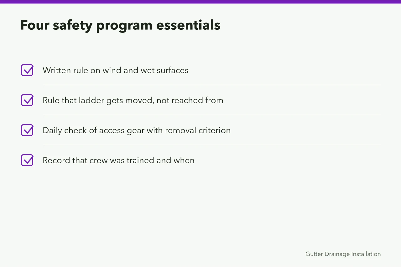 Checklist of four safety program essentials: wind rule, ladder rule, gear check, training record (What a gutter service business needs to operate legally)