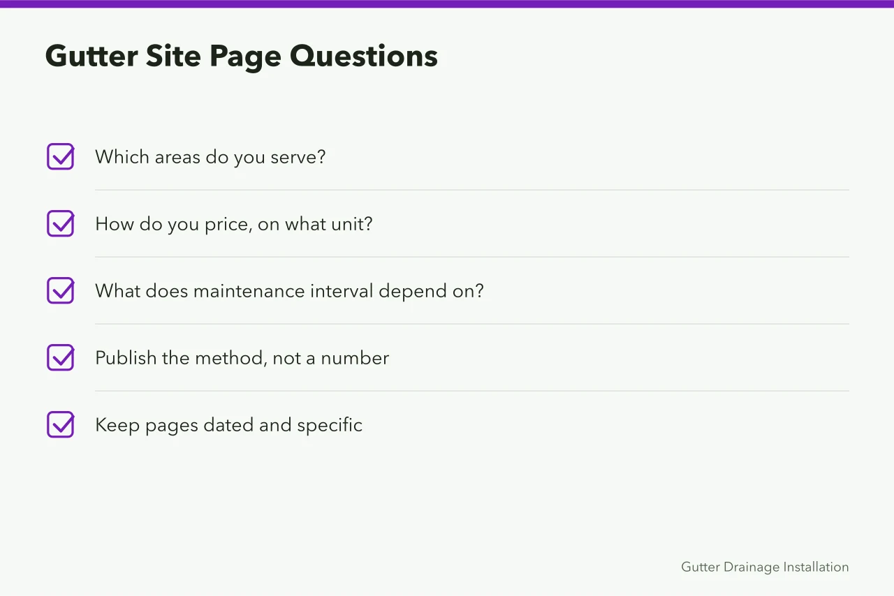Checklist of questions a gutter service website must answer (Gutter service marketing, channel by channel)