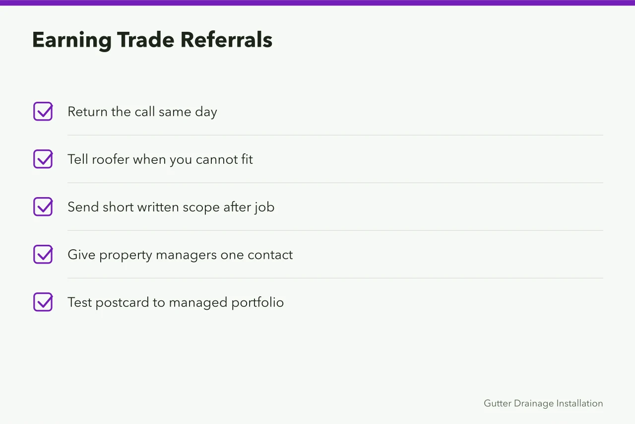 Checklist for earning referrals from roofers, inspectors, and property managers (Gutter service marketing, channel by channel)