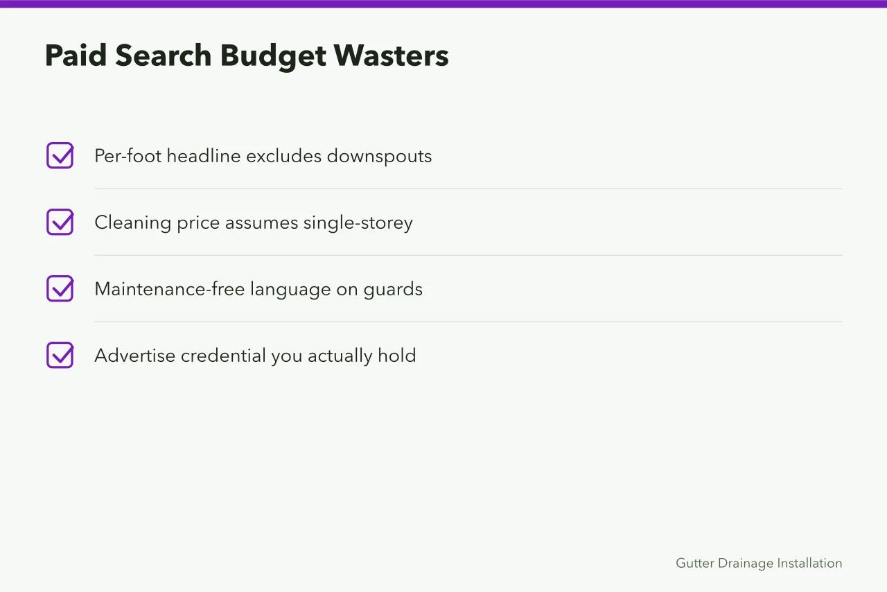 Checklist of common paid search mistakes in gutter service marketing (Gutter service marketing, channel by channel)