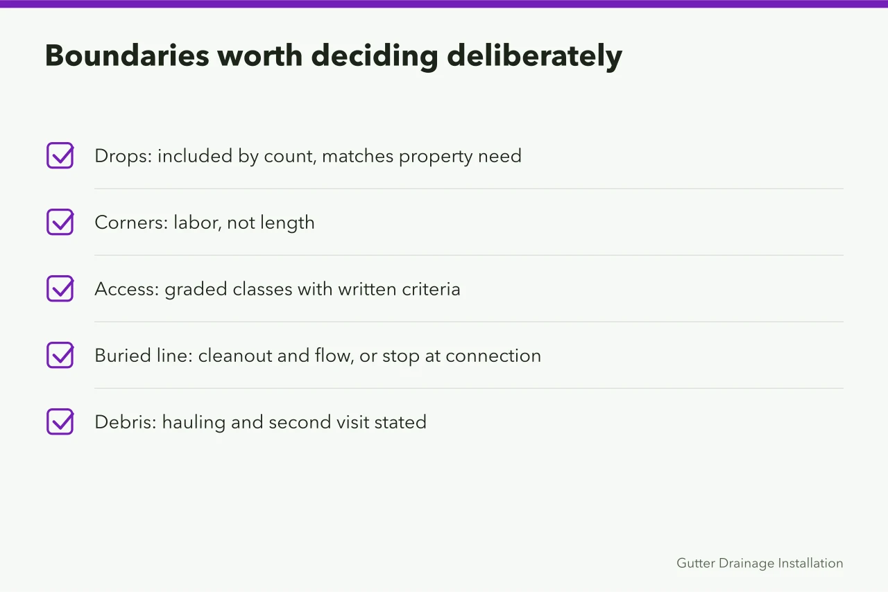 Checklist of trade boundaries: drops, corners, access, buried line, debris (Gutter service packages: the parts worth your attention)
