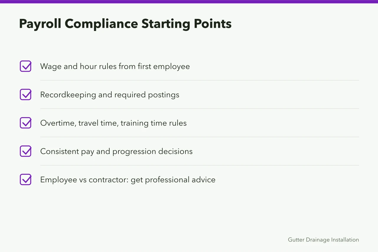 Checklist of payroll compliance obligations for a first employee (Pay rates in a gutter service business, with the on-costs)