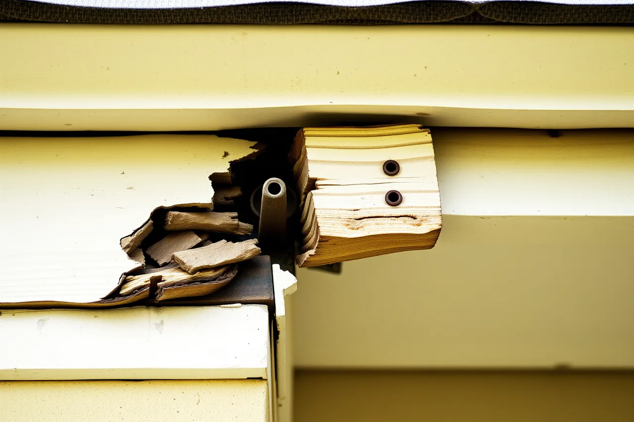 Rotted fascia board with old spike holes behind a gutter (The pricing side of a profitable gutter service for 2027)