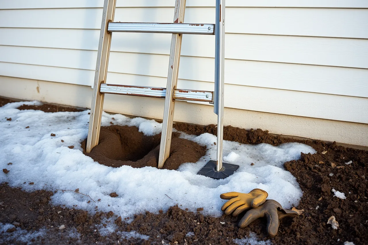 Ladder foot resting on soft sloping ground beside a house wall (Gutter service quality assurance: the version that survives contact with reality)