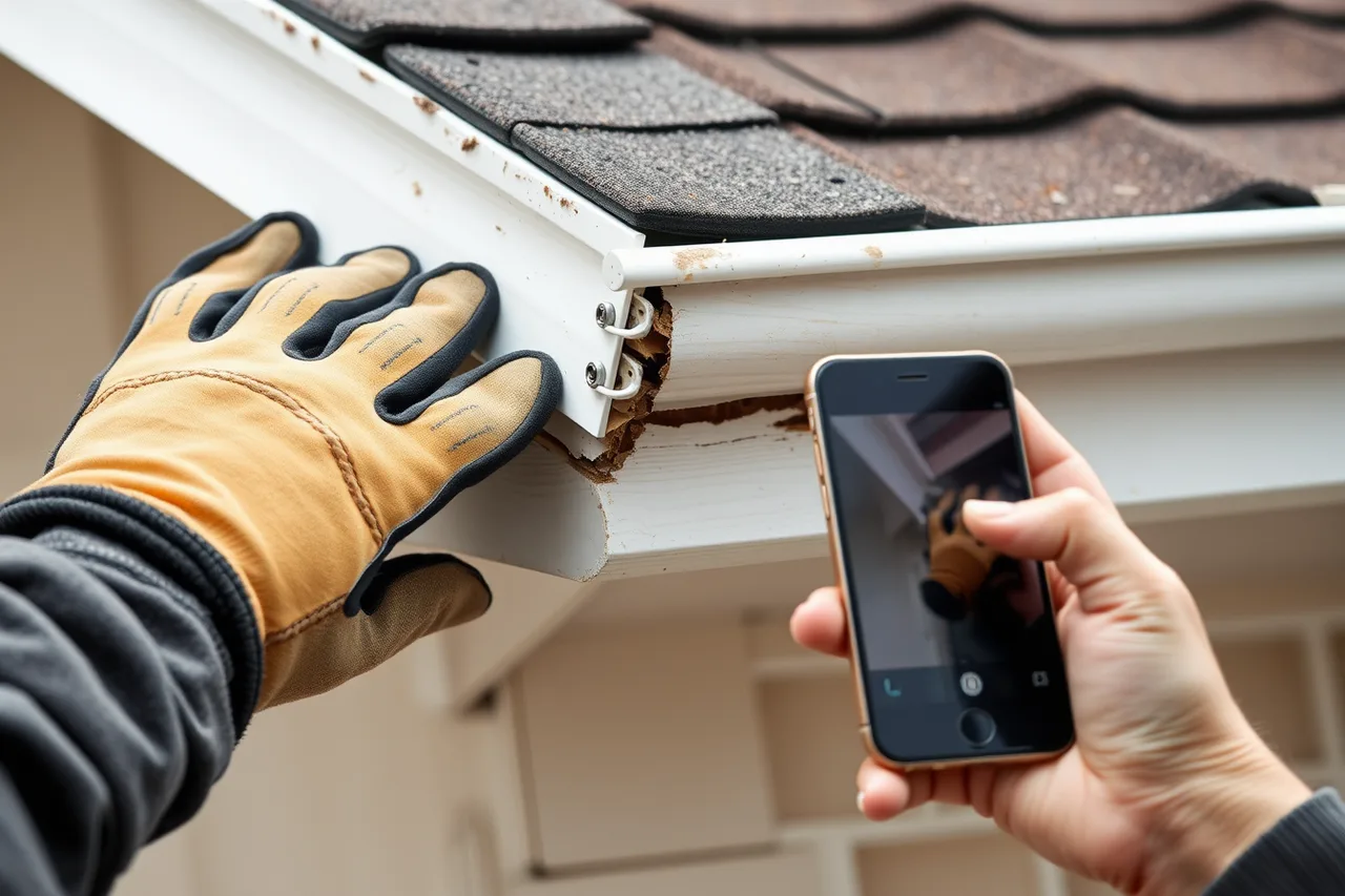 Hand pressing fascia board behind a gutter run while photographing it (Gutter service quality assurance: the version that survives contact with reality)