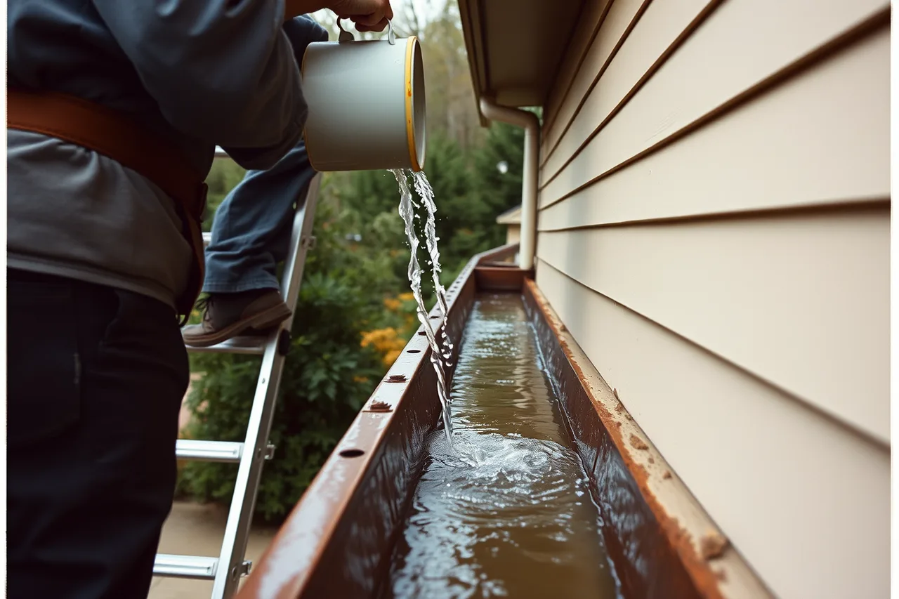 Worker pouring water into the far end of a gutter run (Gutter service quality assurance: the version that survives contact with reality)