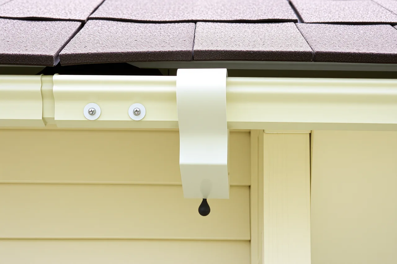 Gutter trough at roof edge showing hangers, sealed corner and outlet (Gutter service quality under review: the good, the weak and the verdict)