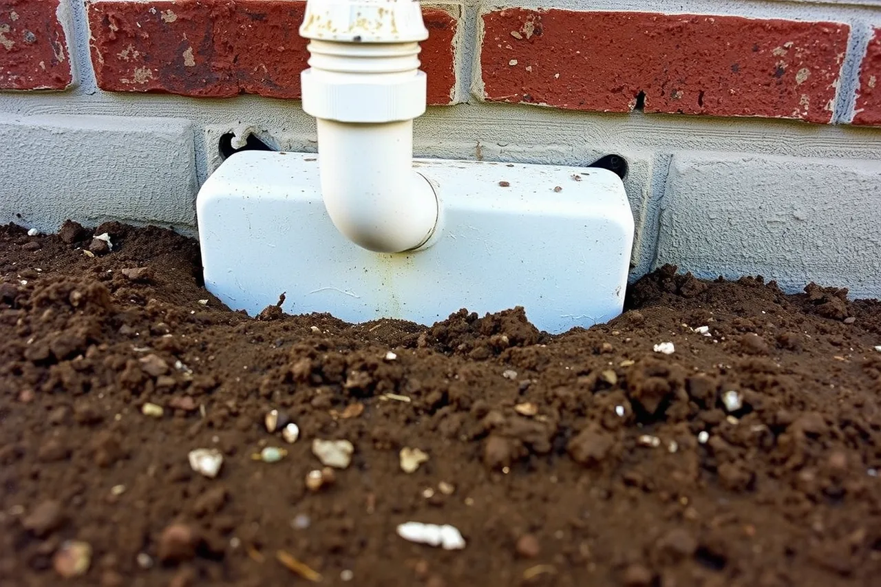Downspout elbow discharging onto splash block with ground sloping away (Gutter service quality under review: the good, the weak and the verdict)