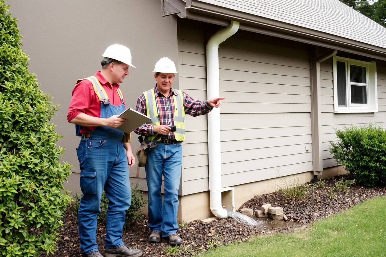 Contractor showing homeowner where downspout water discharges at handover (Gutter service quality under review: the good, the weak and the verdict)