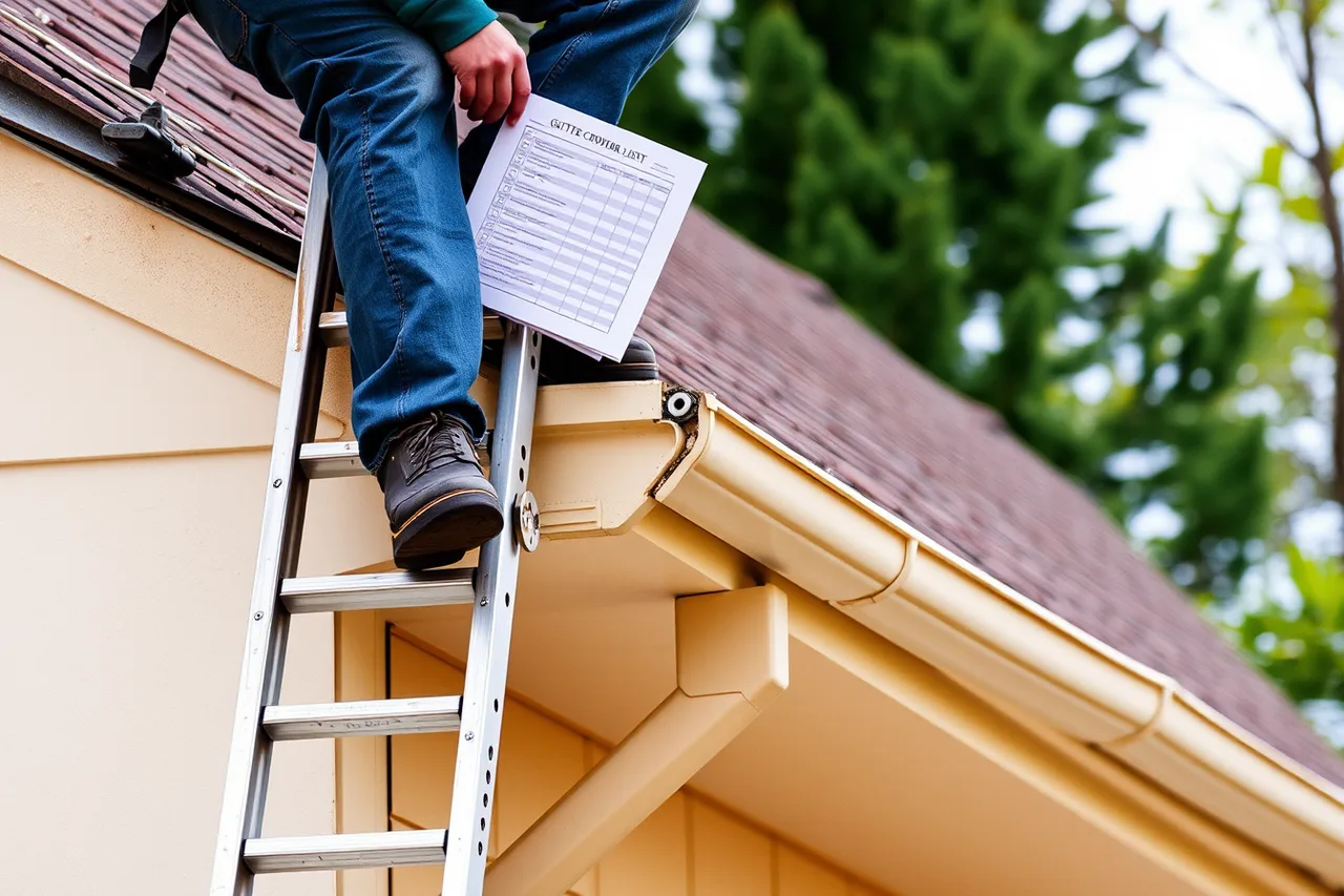 Crew member on ladder holding printed check list at gutter run (Gutter service quality under review: the good, the weak and the verdict)