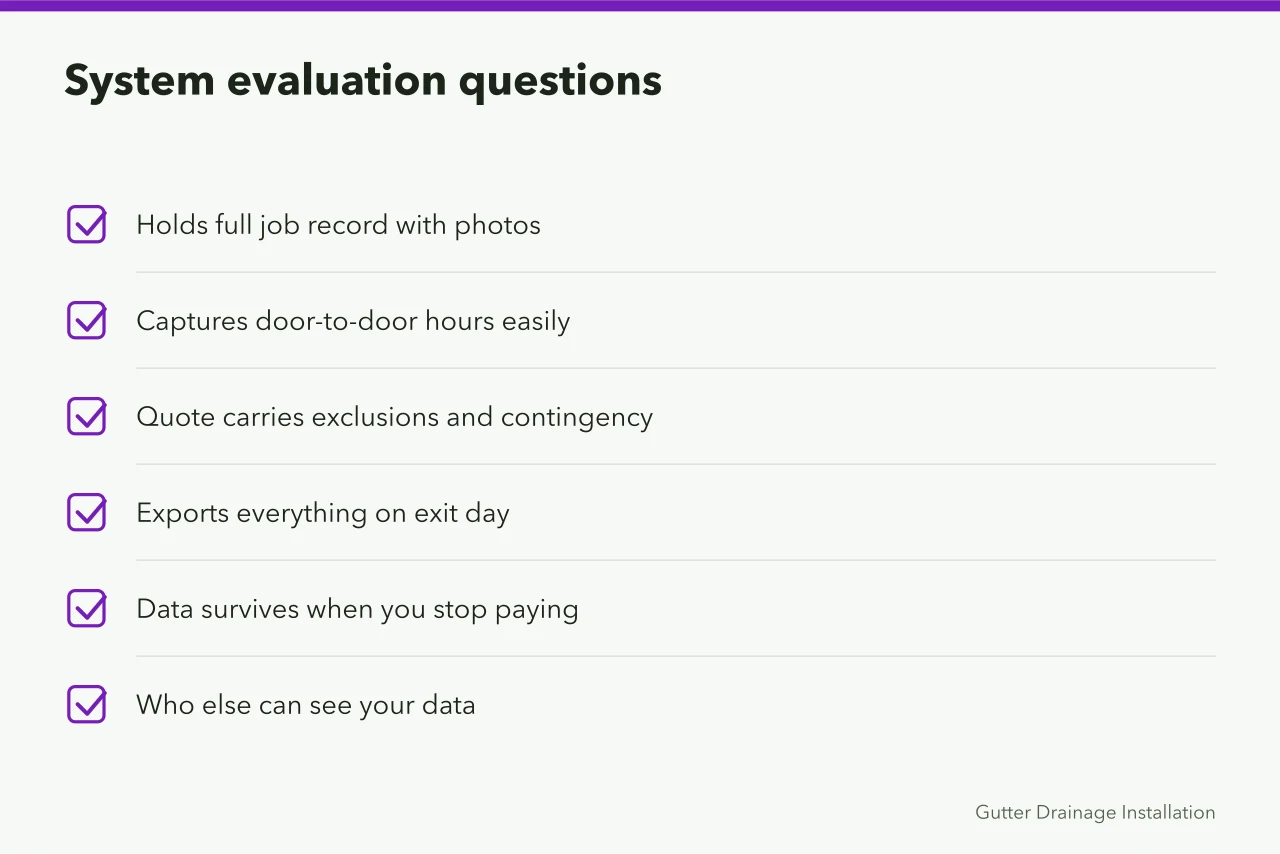 Checklist for evaluating gutter service software (Gutter service systems and KPIs for owners in 2027)