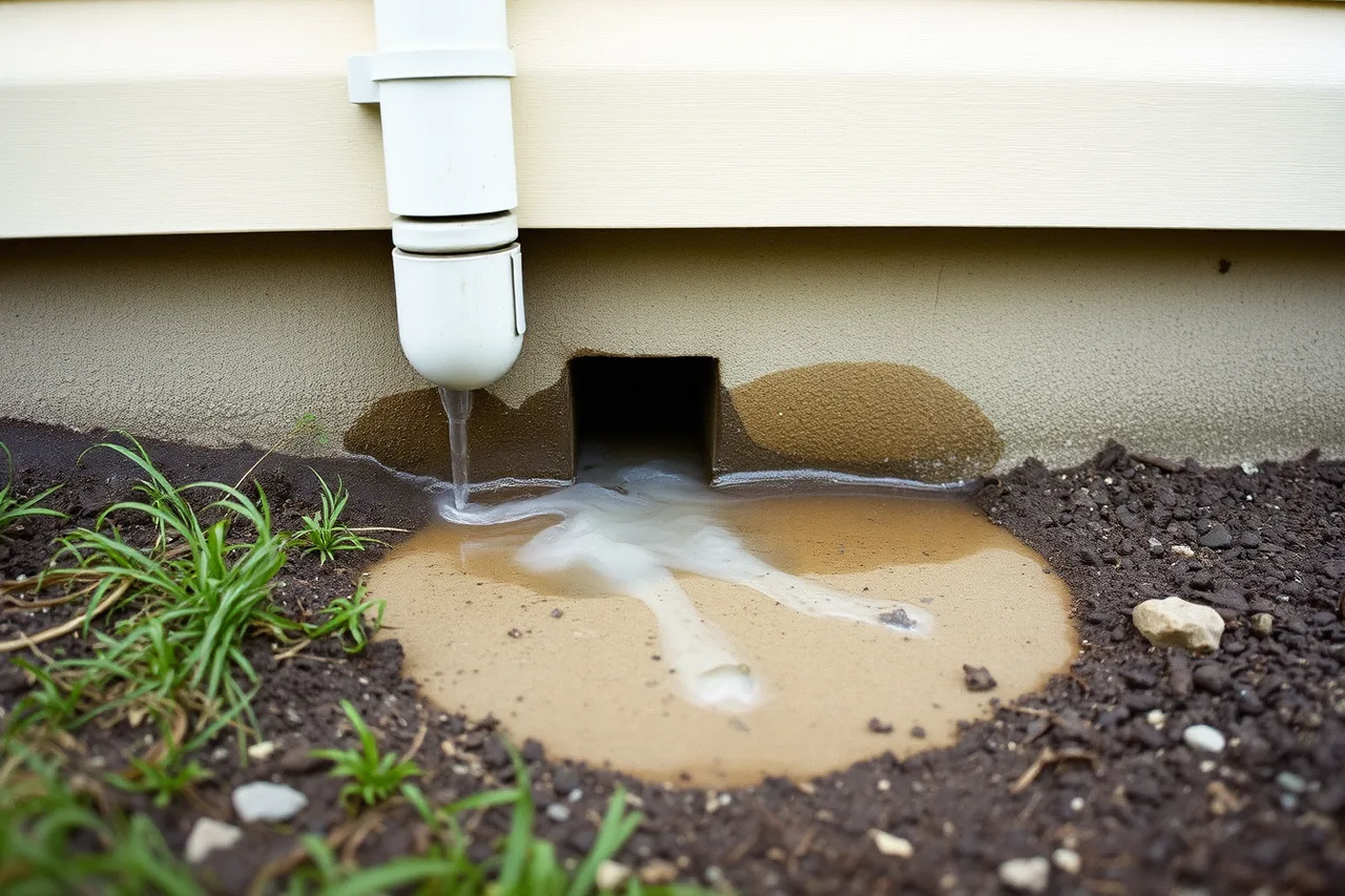 Downspout outlet discharging onto ground beside a house foundation (8 things to understand about gutter service startup)