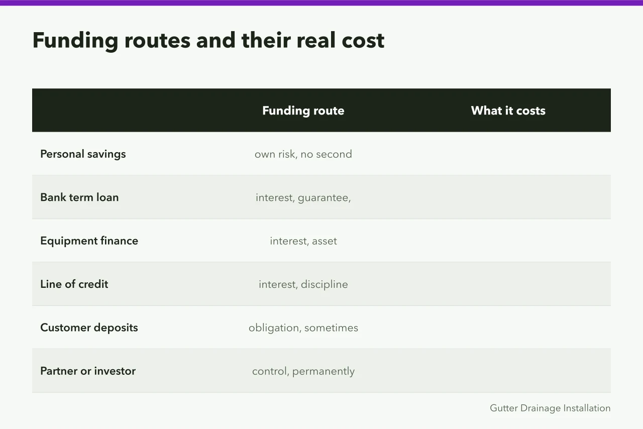 Comparison table of six funding routes and the cost each one carries (Starting a gutter service business: the real startup costs and how owners fund them)