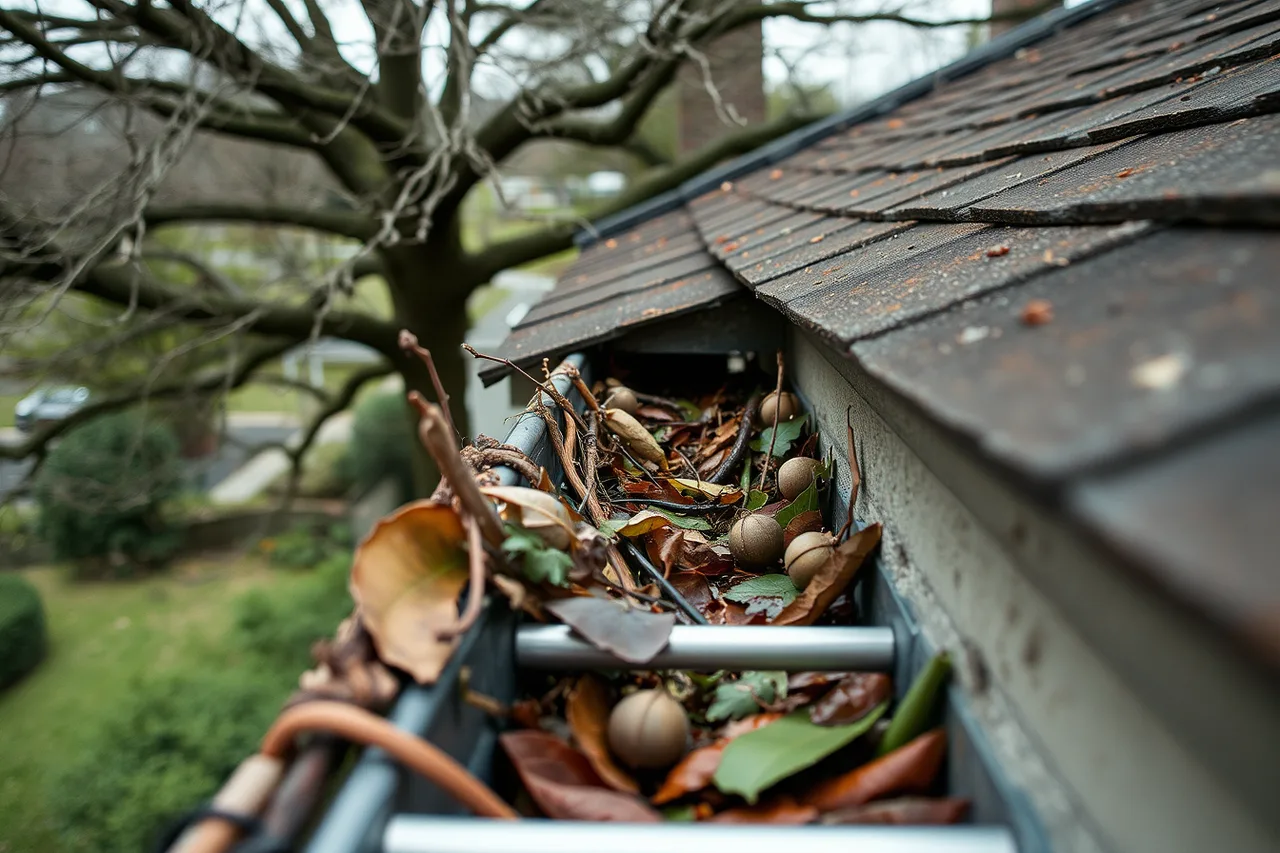 Gutter trough packed with wet leaves and twigs beneath mature trees (Gutter service market trends worth planning around in 2027)