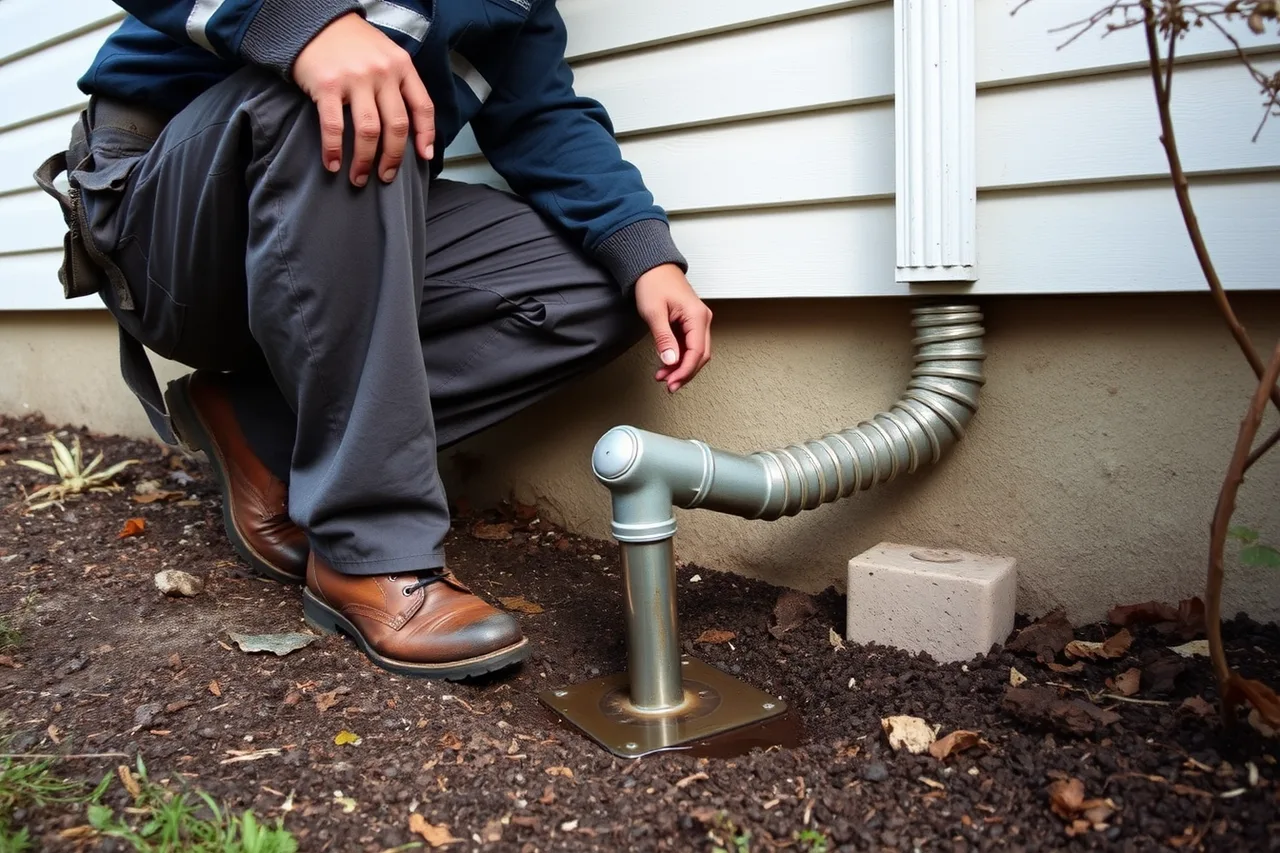 Technician crouching to trace a downspout to its discharge point (How to be the gutter service business people recommend)