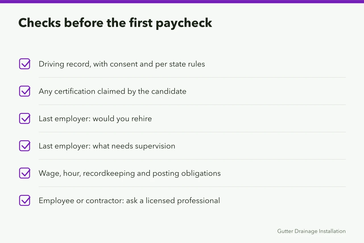 Checklist of verification and compliance steps before hiring a gutter worker (Hiring gutter service staff who survive the first two weeks)