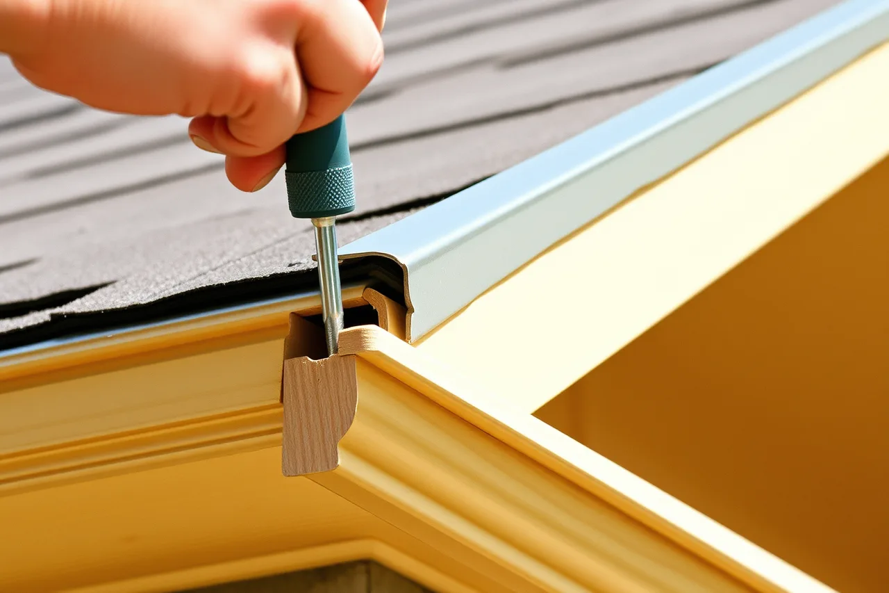 Screwdriver probing a wooden fascia board under a roof drip edge (How to Install a Gutter Drainage System That Handles Heavy Rain)