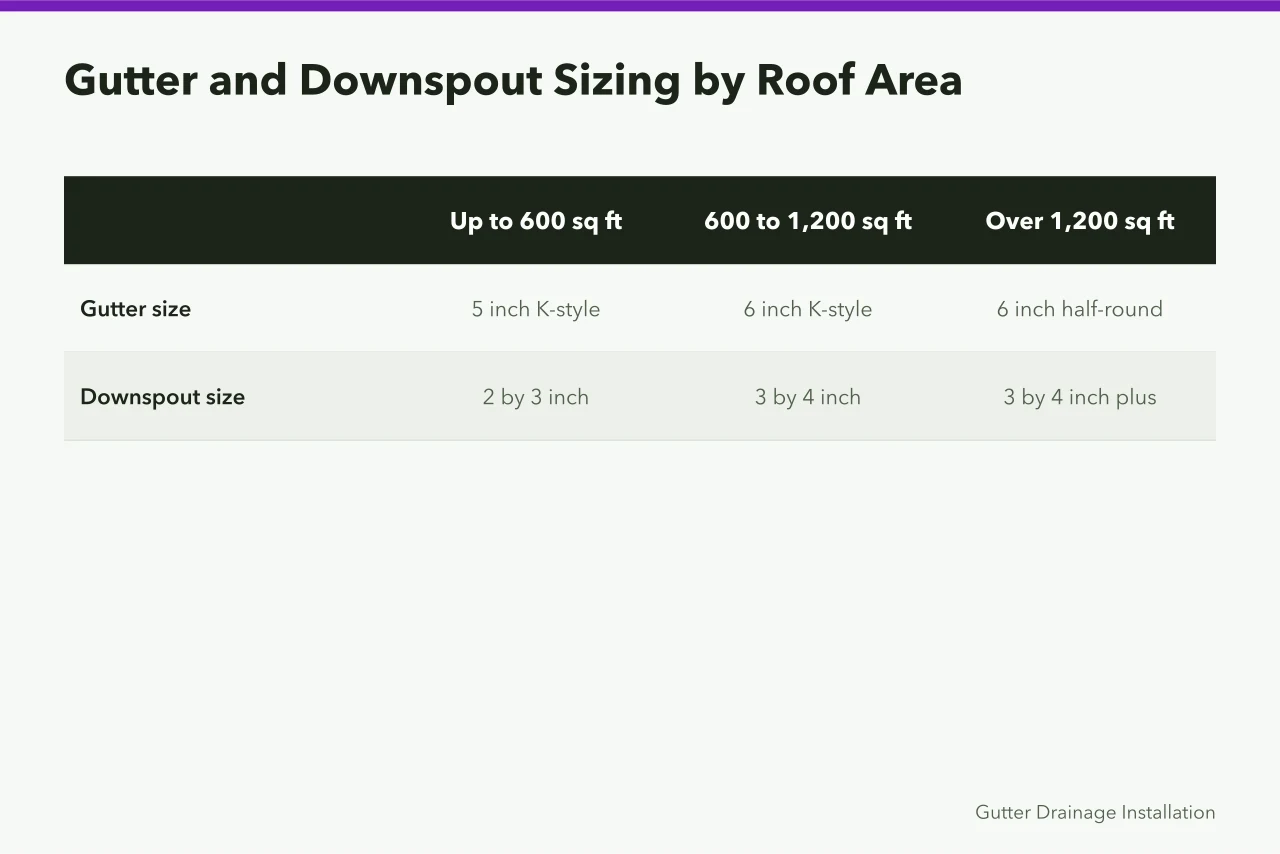 Table comparing gutter and downspout sizes for three roof area ranges (How to Install a Gutter Drainage System That Handles Heavy Rain)
